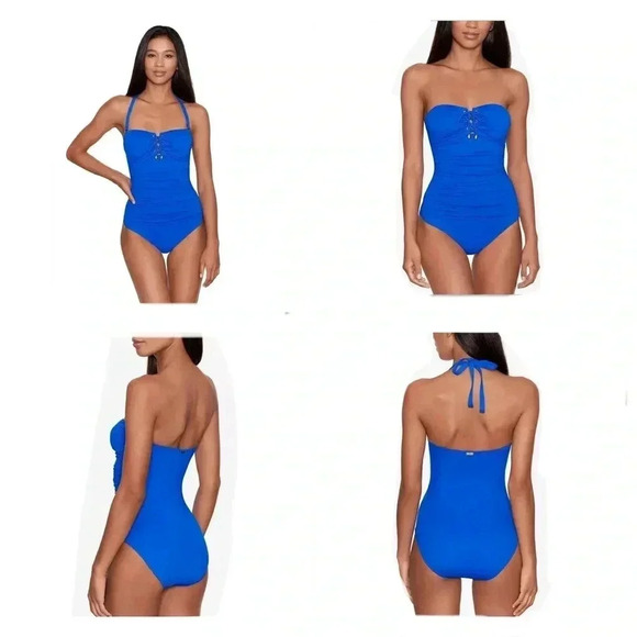 Ralph Lauren Royal Blue Lace-Up Bandeau Tummy-Control One-Piece Swimsuit Size 12 - Picture 1 of 11
